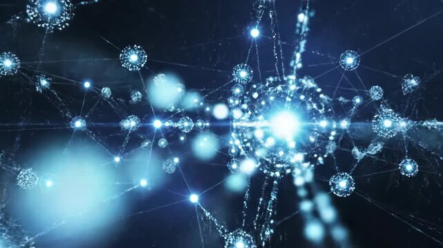 An abstract digital network background pulses with glowing nodes and connecting lines that weave a living web of data and technology.