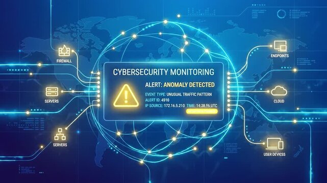 Cybersecurity monitoring alert anomaly detected with unusual network traffic pattern involving firewall, servers, cloud, endpoints, and user devices ensuring digital security and data protection