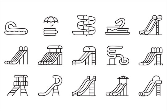 Water park outline icon collection with slides pools and aquatic playground elements for summer recreation design