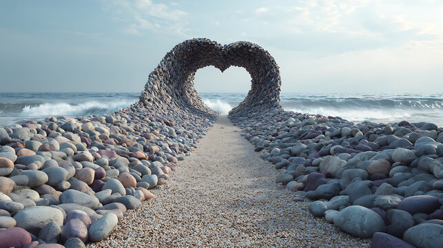 A pathway made of colorful stones forming a heart shape on a beach with a cloudy sky