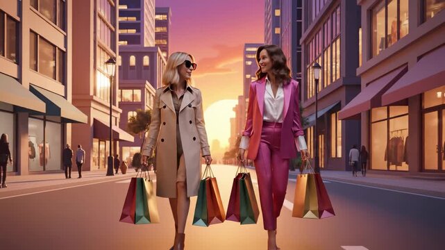 Two stylish women enjoying a sunset shopping spree in a sophisticated city with retail storefronts and colorful shopping bags