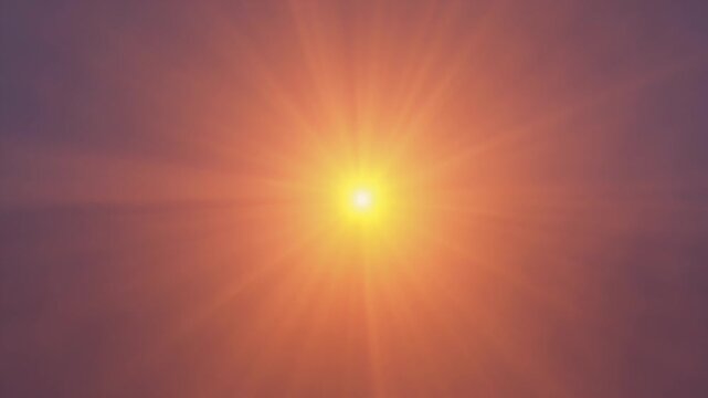 Bright yellow-orange light source at center, radiating rays across a deep twilight sky gradient