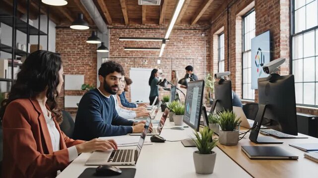 Video of contemporary coworking hub showcasing active workstations, entrepreneurship and innovation theme, urban office branding background, row of illuminated laptop screens against industrial loft