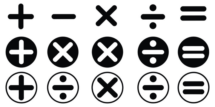 Math symbols icon set, basic mathematical symbols including plus and minus icon set, multiply icon collection, simple education and calculation signs isolated on white background.