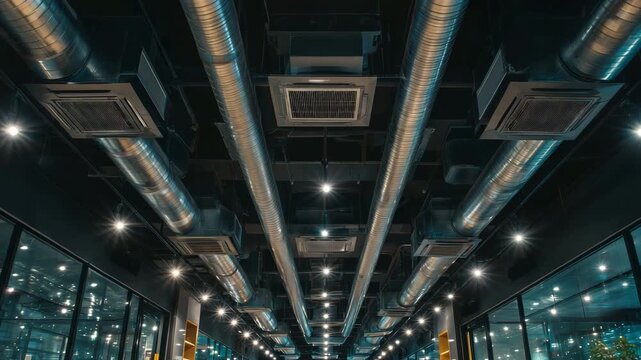 An interior view showcases an industrial style design with exposed ductwork, lighting fixtures, and glass walls in a modern commercial area