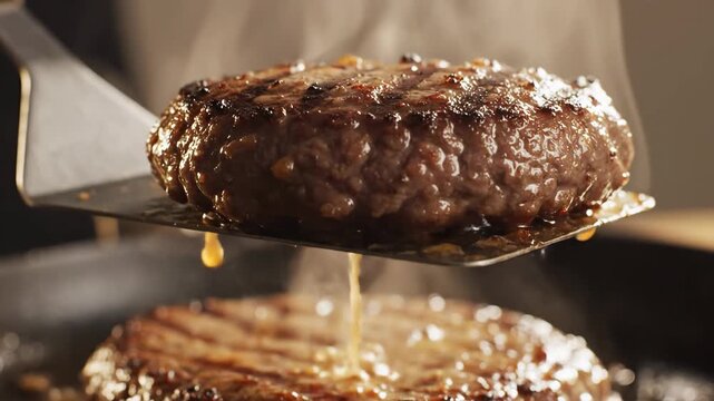 Video of Grilled Meat Patty &ndash; Barbecue cutlet on spatula, isolated showcasing juicy seared texture for fast food marketing, restaurant menus, and culinary advertising visuals.