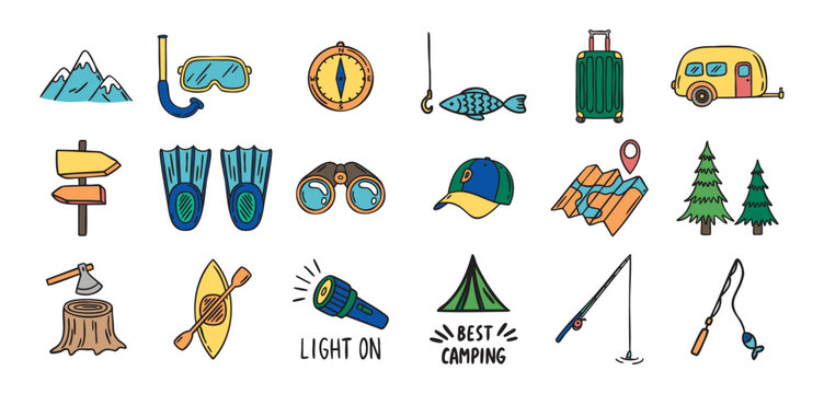 Camping and hiking set fishing rod axe flashlight mountains trees map flippers binoculars suitcase cap, hand drawn doodle