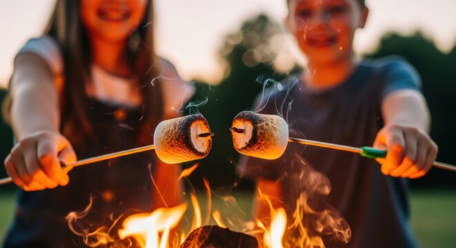 Boy and girl roasting marshmallow over a campfire. Kids having fun outdoors while camping at sunset. Concept of childhood leisure and snack cooking during summer vacation in nature.
