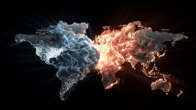 Stylized world map split into cold blue and hot red regions representing global crisis, tension, military pressure and control under stress and restriction.
