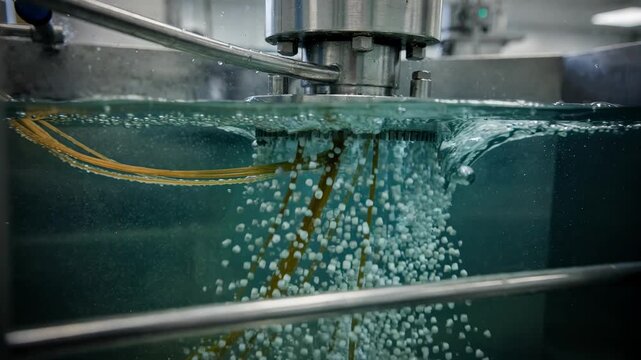 Medium shot of underwater pelletizer cutting molten polymer strands into uniform pellets submerged in cooling water showcasing industrial plastic processing technology.