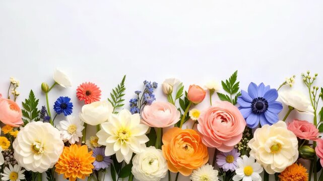 Colorful spring floral border with dahlias and ranunculus flowers on a clean white background