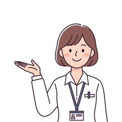 Fototapeta premium A smiling woman in a white uniform with a name tag, gesturing to the side.