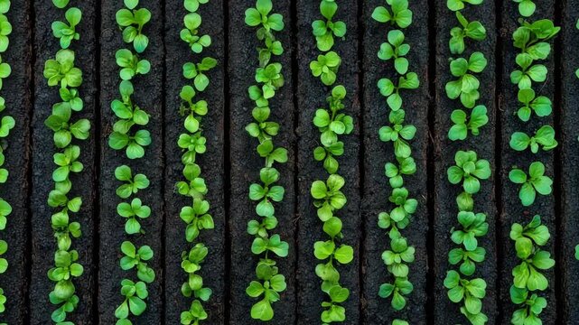 Green plants grow in rows over dark soil, showing the early stages of growth in a field during daylight, top view shot