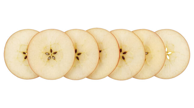 A visually appealing close-up showcases a neat row of Jonathan apple slices against a transparent background, highlighting their texture, color and star shape core with seeds, perfect for healthy food