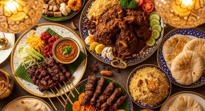Assorted Middle Eastern Feast with Lamb Shank, Skewers, and Biryani