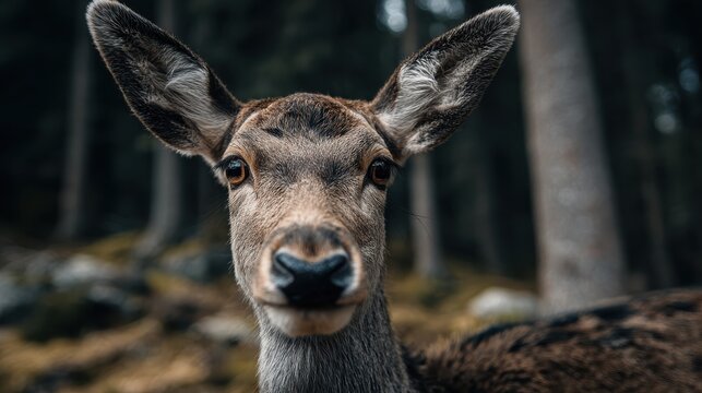 Moody close up deer portrait in dark forest, wild doe face with alert ears, cinematic wildlife nature photo