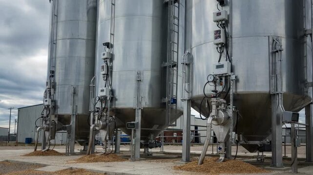 Medium shot of outdoor sensorized silos equipped with flow meters and weatherproof gauges tracking wood pellet status against a cloudy sky backdrop.
