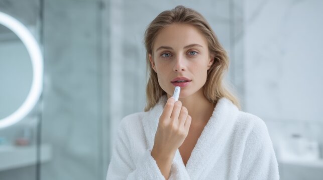 White woman collecting saliva sample athome with precise technique, standing by illuminated vanity mirror, wearing robe, clinical focus, device tip visible, labgrade accuracy vibe, quick analysis