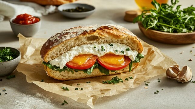 Gourmet Sandwich with Fresh Ingredients on Rustic Bread