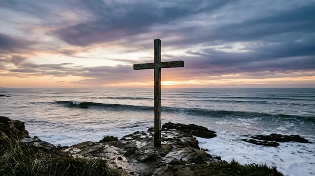 Large wooden christian cross on a rocky ocean coastline at sunset with waves crashing and a dramatic sky