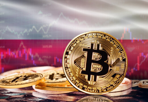 Bitcoin with Poland flag in the background. Investors in cryptocurrency and Blockchain Technology in Poland, Concept