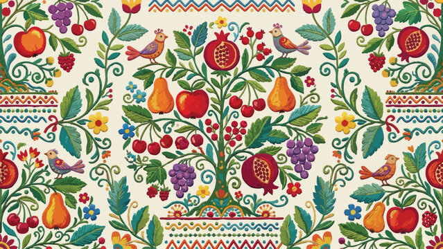 Vibrant Folk Art Fruit Tree Pattern Seamless Design - Perfect for Textiles & Decor