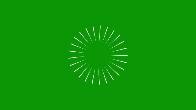 White line flat vector explosions motion effects featuring firework cartoon style circle burst animation and glowing geometric spark trails on green screen background for video production.