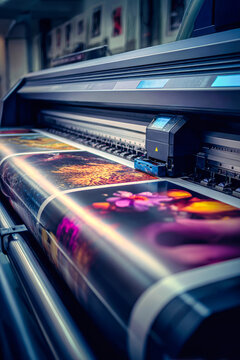 A state-of-the-art printer efficiently produces colorful posters on A4 paper, showcasing stunning designs and intricate details in a vibrant print shop atmosphere