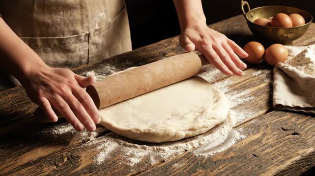 Video of dough being rolled out with wooden rolling pin on vintage kitchen table, traditional baking preparation scene with organic ingredients and rustic culinary styling for food industry
