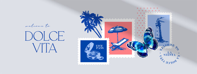 Hand drawn sketch tropical poster. Dolce vita summer vibe. Vintage summer Italy Mediterranean coastal vacation banner. Vector illustration © pim