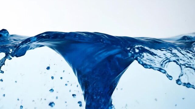 A slow-motion blue water vortex flows and splashes with elegant fluid energy against a clean white isolated background.
