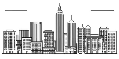 Fototapeta premium Minimalist City Skyline Line Art Illustration with Skyscrapers and Urban Buildings