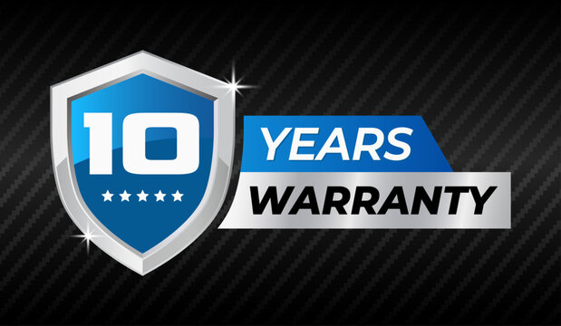 10 years warranty blue shield badge premium product guarantee label for quality assurance protection service.