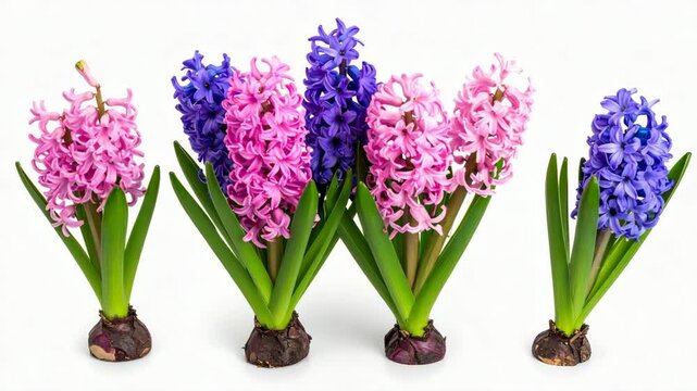 Vibrant pink and purple hyacinth flowers with green leaves and visible bulbs on a clean white background