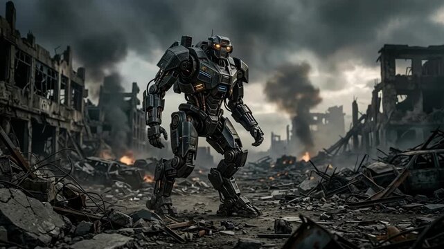 Giant mechanical combat robot walking through a destroyed city with smoke and fire in a post apocalyptic war zone