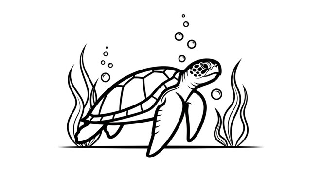 Sea Turtle Swimming Underwater with Bubbles and Seaweed Illustration.