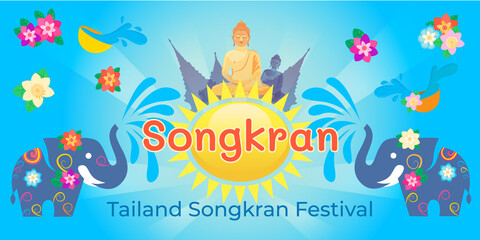 Fototapeta premium Songkran Thailand Water Festival Banner with Elephants, Buddha and Water Splash Vector Illustration