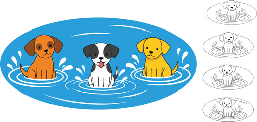 Obraz premium Three cute cartoon puppies sitting in blue water pool with ripples and splashes including black and white coloring page version,