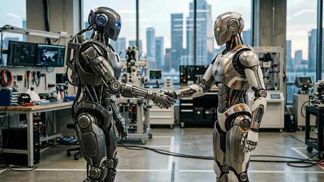 Two futuristic humanoid robots shaking hands in a high tech laboratory with a city skyline in the background