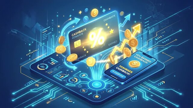 Cashback reward card mobile phone digital coins percentage technology finance digital payment smartphone financial technology money transfer online transaction data analytics futuristic interface
