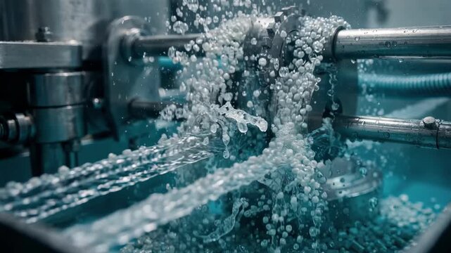 Underwater cutting process of resin pelletizing captured in medium shot highlighting the cooling effect and precise chopping of polymer strands into pellets.
