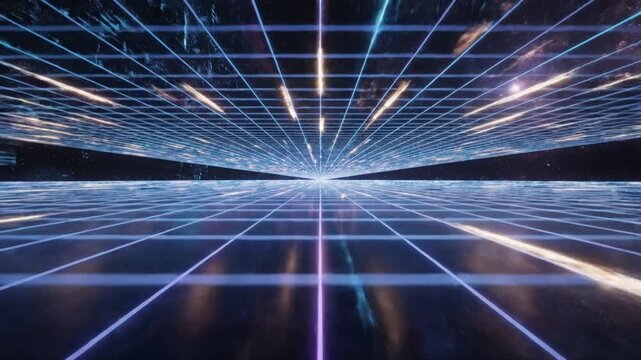Cybernetic Grid: A mesmerizing digital grid of illuminated lines stretches into the distance, suggesting a realm of infinite data and technological marvel.