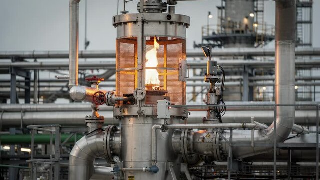 Medium shot of a closed enclosed flare system operating at an industrial plant showcasing intense flame control and safety mechanisms on the relief system.