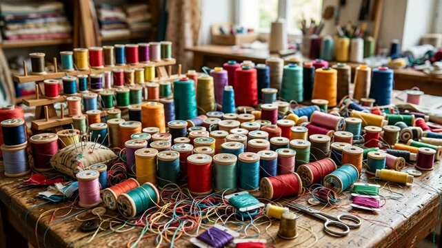 Large collection of colorful sewing thread spools on a wooden workbench in a tailor workshop atelier
