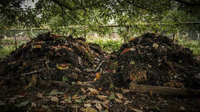 Medium shot of shaded compost curing zone with older piles resting under tree cover showcasing natural decomposition in a cool protected environment.