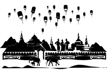 Minimal black silhouette of Chiang Mai, Thailand with temples, mountains, lantern festival, elephants, and local culture. Modern vector design ideal for prints, textiles, wallpapers, and travel themes © Noke