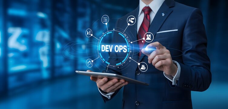 Businessman interacting with DEV OPS interface on tablet