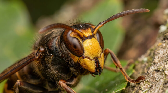 Extreme macro of Asian hornet showing detailed face and mandibles, an invasive species threat to bees
