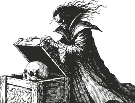 Gothic vampire opening coffin with skull inside, dark horror illustration in black and white
