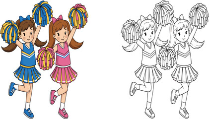 Outdoor basketball hoop and court with green trees including black and white coloring page version isolated on white background, © Sumaiya